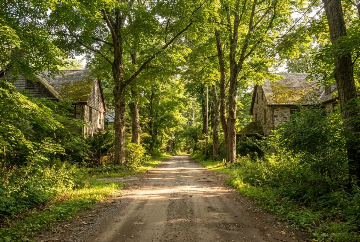 Illustrative image: Country lane through wooded residential acreage